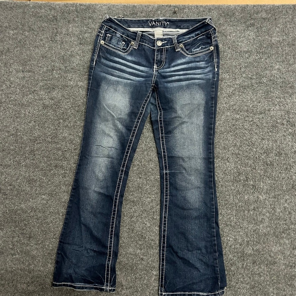 Vanity Jeans Womens Size 28 Dark Wash Bootcut Thick Stitch Stretch Whiskered Y2K